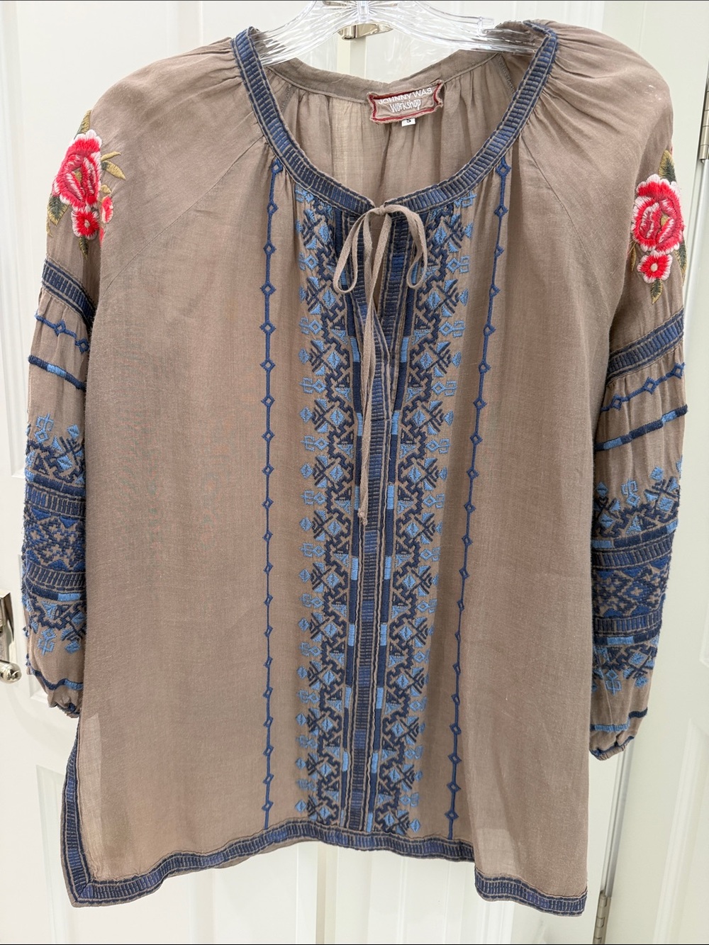 Johnny Was Taupe Tunic with Blue Embroidery & Pink Rose Accents